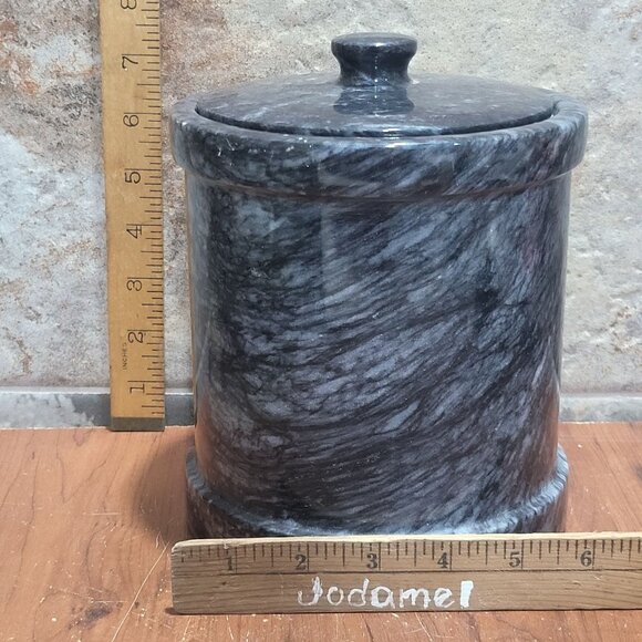 Vintage Dark Grey Heavy Marble Ice Bucket Matching Lid Pair Gold Toned Metal To - Picture 7 of 10
